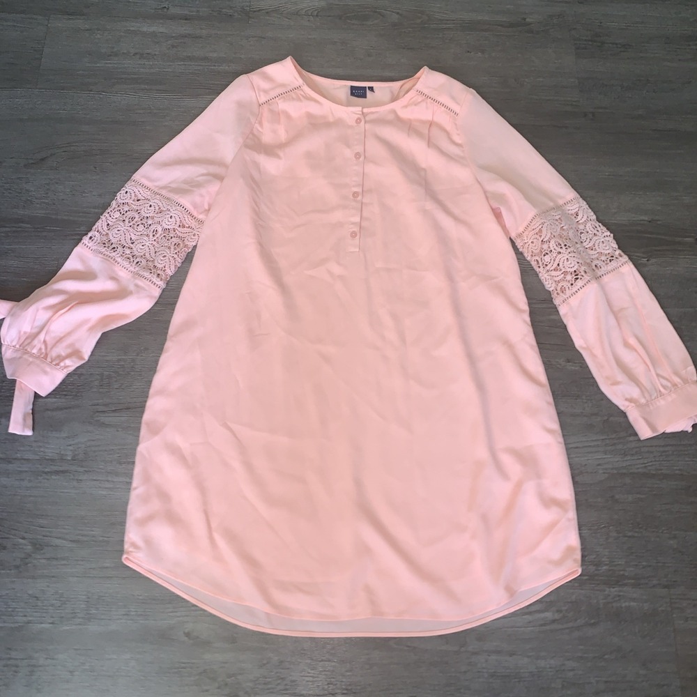 Kaari Blue Pink Lace Sleeve Shift Mini Dress Large Long Sleeve